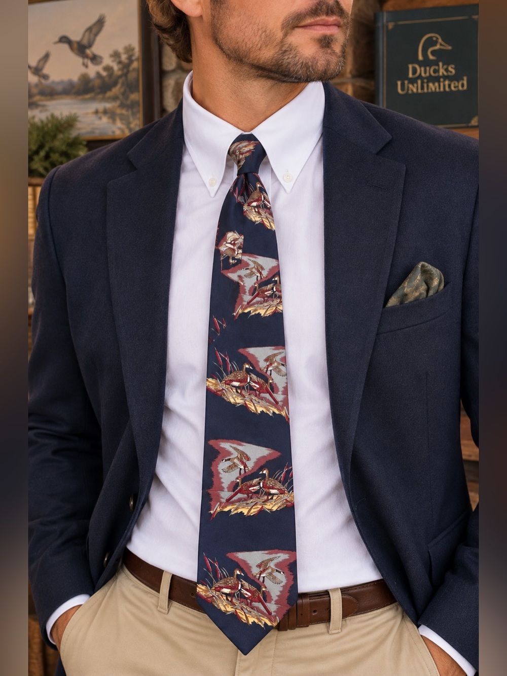 Ducks Unlimited 100% Silk Tie Navy Waterfowl Made in USA Vintage